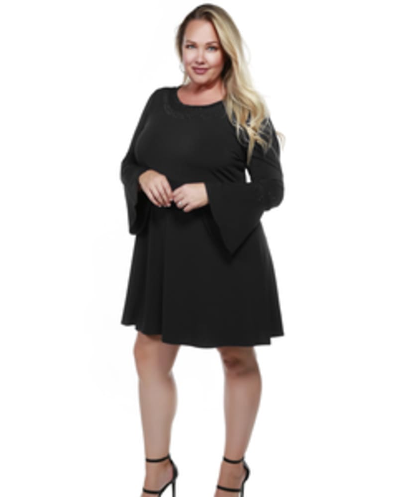 Front of a model wearing a size 1X Rhinestone-Trim Fit & Flare Dress in BLACK by Belldini Black Label. | dia_product_style_image_id:245856
